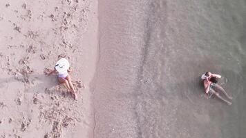 Top view of a family relaxing on the beach video
