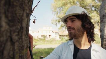 Scientist Fascinated By The Beautiful Trunk Of A Tree In The Countryside video