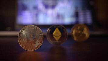 A Variety of Cryptocurrency Coins Are Displayed in Front of Relevant Market Data and Trends video