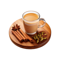 Chopping board with cup of cinnamon tea on transparent background png