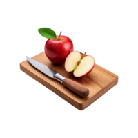 Chopping board and knife with red apple fruit with slice on transparent background png