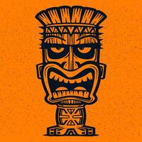Tiki statue with intricate carvings and bold expression on vibrant orange background vector