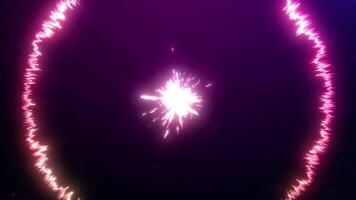 Abstract shiny multicolored VJ energy burst. Glowing magic ring cyberspace screensaver. Flow of dynamic neon colored fractals on dark virtual background. 4k 60fps looped graphic. video