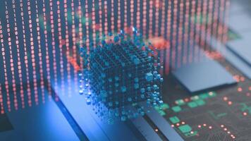 Abstract system of quantum computing, the future supercomputer technology, 3d rendering video