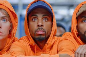 Three individuals wearing orange hoodies and hats photo