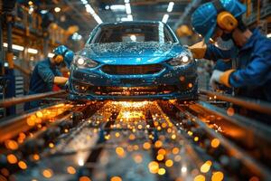Automobile Manufacturing Assembly Line Workers Building Car photo