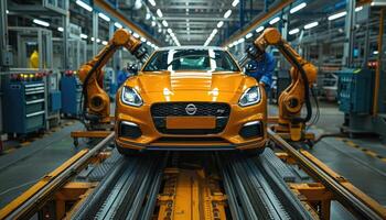 Yellow Car Moves Along Automated Assembly Line photo