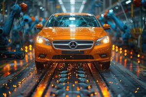 Orange Car Moving Through Automated Factory Assembly Line photo