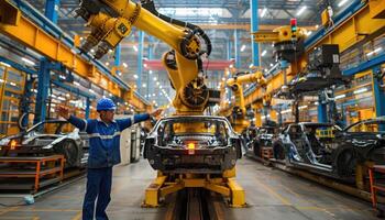 Factory Worker Supervising Automated Car Assembly Line photo