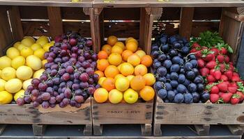 Fresh Fruits Arranged In Wooden Crates For Sale photo