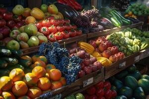 A vibrant display of fresh fruits and vegetables at a market stall photo