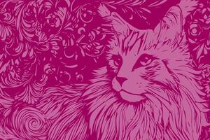 Artistic illustration of a cat surrounded by floral patterns and swirls in vibrant pink tones vector