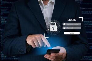 Login using digital device. Man hand using online banking. E-commerce, Online security payment concept. Network security of internet access into router with futuristic icon photo