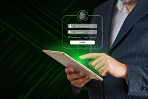 Login using digital device. Man hand using online banking. E-commerce, Online security payment concept. Network security of internet access into router with futuristic icon photo