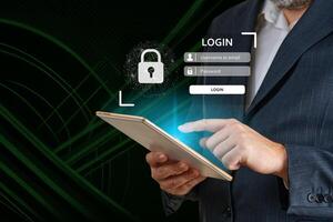 Login using digital device. Man hand using online banking. E-commerce, Online security payment concept. Network security of internet access into router with futuristic icon photo