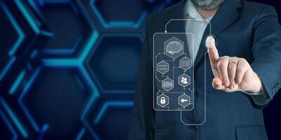 AI in Biometrics and Security. Businessman using fingerprint to get access through ai. Concept cyber security safe your data. photo