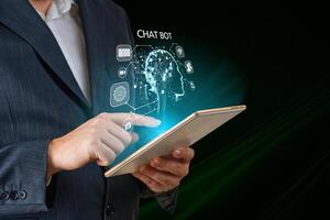 Artificial intelligence, AI chat bot concept. Businessman hands using tablet. ai chatbot infographic. Online Chatting Communication Business Internet Technology Concept photo