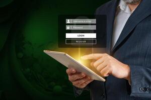 Login using digital device. Man hand using online banking. E-commerce, Online security payment concept. Network security of internet access into router with futuristic icon photo
