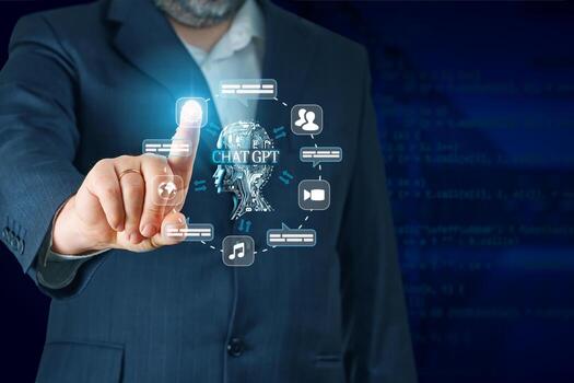 Chat Bot Chat developed with AI Artificial Intelligence. Intelligence Ai Concept. Businessman in a suit using chatbot in his smartphone Futuristic technology photo