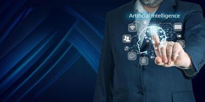 AI, Artificial Intelligence in smartphone. Chat bot interface, Futuristic technology robot in online. Software engineer using mobile by id touch on screen, coding with technology background photo