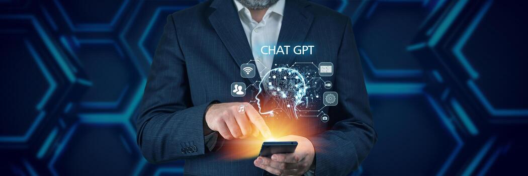 Chat Bot Chat developed with AI Artificial Intelligence. Intelligence Ai Concept. Businessman in a suit using chatbot in his smartphone Futuristic technology photo