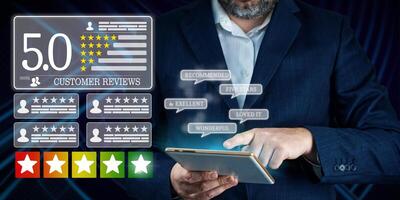 Testimonials infographic, businessman. Businessman using digital device for feedback review satisfaction service. Customer review good rating concept. business satisfaction survey and testimonial. photo