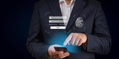login landing page concept. man typing login and password. Hand use mobile smartphone for log in to enter login and password. sign in page concept photo
