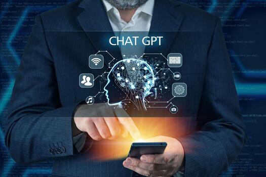 Chat Bot Chat developed with AI Artificial Intelligence. infographic Intelligence Ai Concept. Businessman in a suit using chatbot in his smartphone Futuristic technology photo