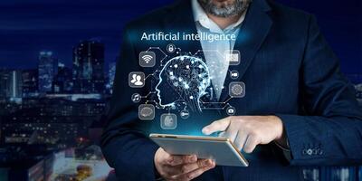 Artificial intelligence, AI chat bot concept. Businessman hands using tablet. ai chatbot infographic. Online Chatting Communication Business Internet Technology Concept photo