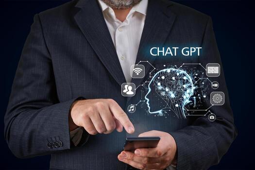 infographic of Chat Bot Chat developed with AI Artificial Intelligence. Intelligence Ai Concept. Businessman in a suit using chatbot in his smartphone Futuristic technology photo