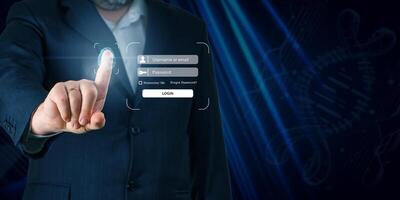 Businessman hand and infographic, finger touching screen to login. Enter Username, Password for Login using touchscreen. Online Security concept photo