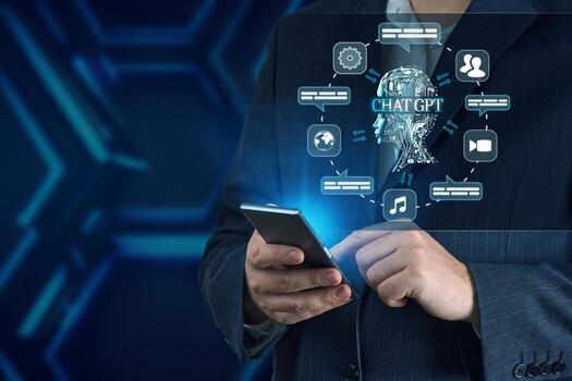 Chat Bot infographic Chat developed with AI Artificial Intelligence. Intelligence Ai Concept. Businessman in a suit using chatbot in his smartphone Futuristic technology photo