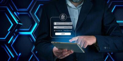 Login using digital device concept. Man hand using online banking. E-commerce, Online security payment concept. Network security of internet access into router with futuristic icon photo