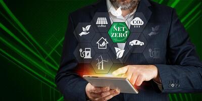 Net zero emission, Clean technology infographic , Renewable energy concept. Net zero information in smartphone photo