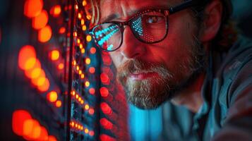 Man intently works with glowing digital server lights photo