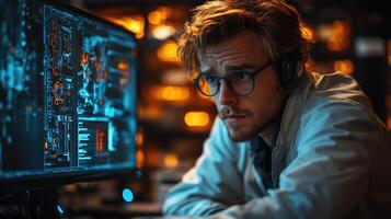 Young Man Concentrated on Computer Code Programming photo