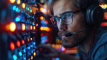 Man with Headphones Works at Illuminated Control Panel photo
