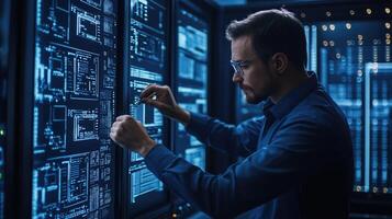 Man Analyzing Data On Large Screens In A Dark Room photo