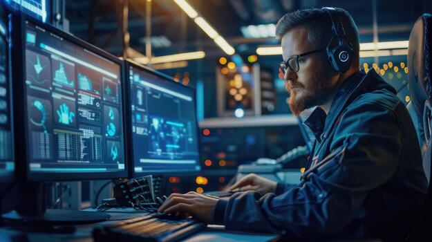 Man Working Late at Computer Monitors Data Analysis photo