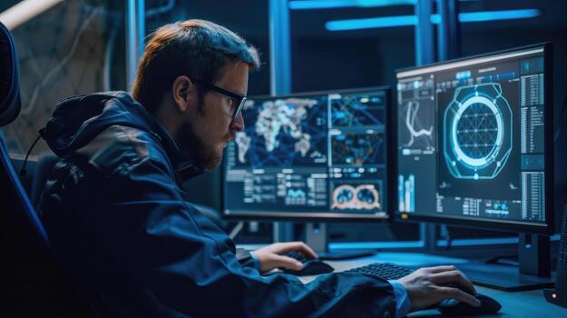 Man Working Late Analyzing Data On Multiple Monitors photo