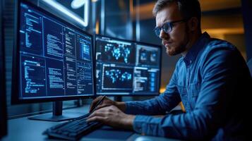 Programmer Working Late on Complex Code Development photo