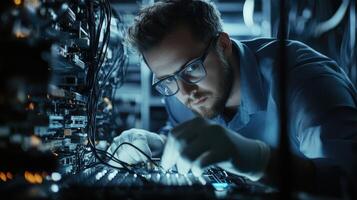 Technician meticulously working on complex server hardware photo