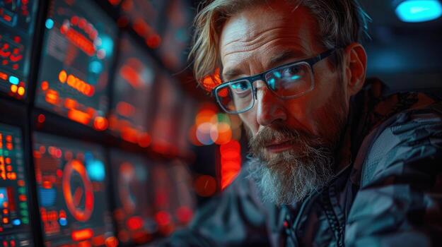 Man with glasses monitoring screens displaying data photo