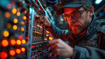 Technician meticulously works on complex server system photo
