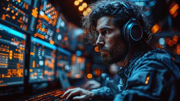 Man with Headphones Working on Multiple Computer Screens photo