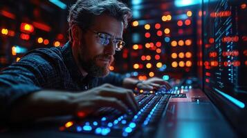 Bearded Man Codes at Night Illuminated Keyboard photo