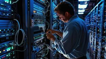 Technician working on server racks in a data center photo