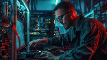 Technician Works On Advanced Computer System photo