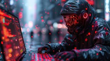 Futuristic Masked Figure Coding on Laptop in City photo