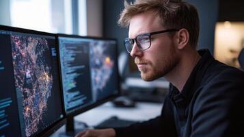 Man Working on Computer Analyzing Data Visualizations photo